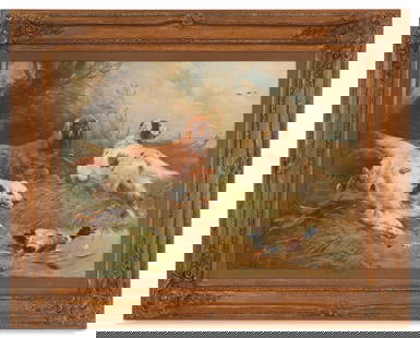 Henri Schouten (Dutch, 1864-1927): Henri Schouten(Dutch, 1864-1927)"Hunting Dogs"oil on canvassigned lower left.Framed.28" x 40", framed 40" x 52"