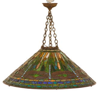 Tiffany Studios Leaded Glass Dragonfly Light: Tiffany Studios Leaded Glass Dragonfly Pendant Lightca. 1900-1910, New York, of conical form, set with eight dragonflies and numerous amber glass jewel cabochons, the upper rim with beaded bronze trim