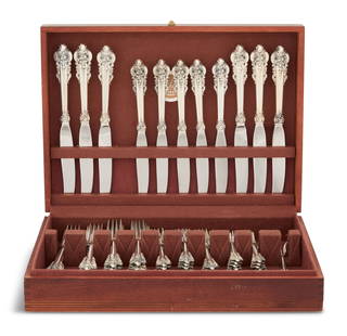 Wallace "Grand Baroque" Silver Flatware Set: Extensive Wallace "Grand Baroque" Sterling Silver Flatware Setthe pattern designed in 1941 by William S. Warren (1888-1965), Wallingford, Connecticut, including a dozen seven-piece place settings (fou