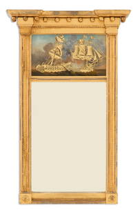 American Giltwood Tabernacle Mirror: American Giltwood Tabernacle Mirrorpost-1812, likely Philadelphia, the overhanging cornice set with spherules, over an eglomise tablet decorated with the battle of the USS Constitution and HMS Guerrie
