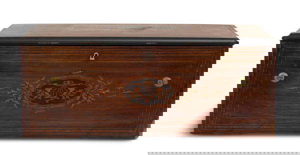 Swiss Fabrique de Geneve Music and Organ Box: Swiss Fabrique de Geneve Music and Organ Boxlate 19th century, with a marquetry-inlaid rosewood case, the cover interior with an original air card listing eight tunes, the fourteen-inch cylinder no. 7