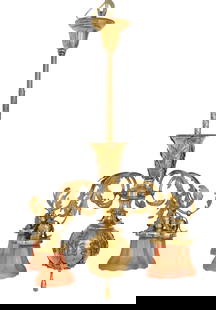 French Fin-de-Siecle Brass Chandelier: French Fin-de-Siecle Brass Chandelierca. 1900, the spiral-reeded rod set with five leaf-molded and scrolled arms terminating in leaf-molded sockets mounted with marigold carnival glass shades attribut