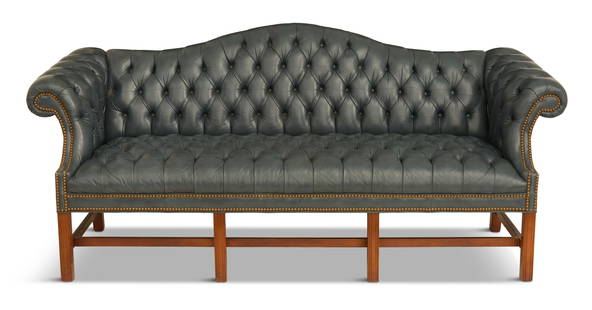 George III-Style Leather Camelback Sofa: George III-Style Leather Camelback Sofa20th century, of traditional form with a diamond-tufted back, seat and arms, raised on Marlborough legs joined by stretchers.h. 37", w. 83", d. 29"