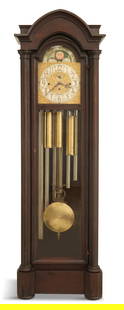 American Gothic Revival Mahogany Tall Case Clock: American Gothic Revival Mahogany Tall Case Clockfirst quarter 20th century, the triple train movement signed "Jacques", for Charles Jacques, set with six long tubes, playing Westminster or Trinity, th