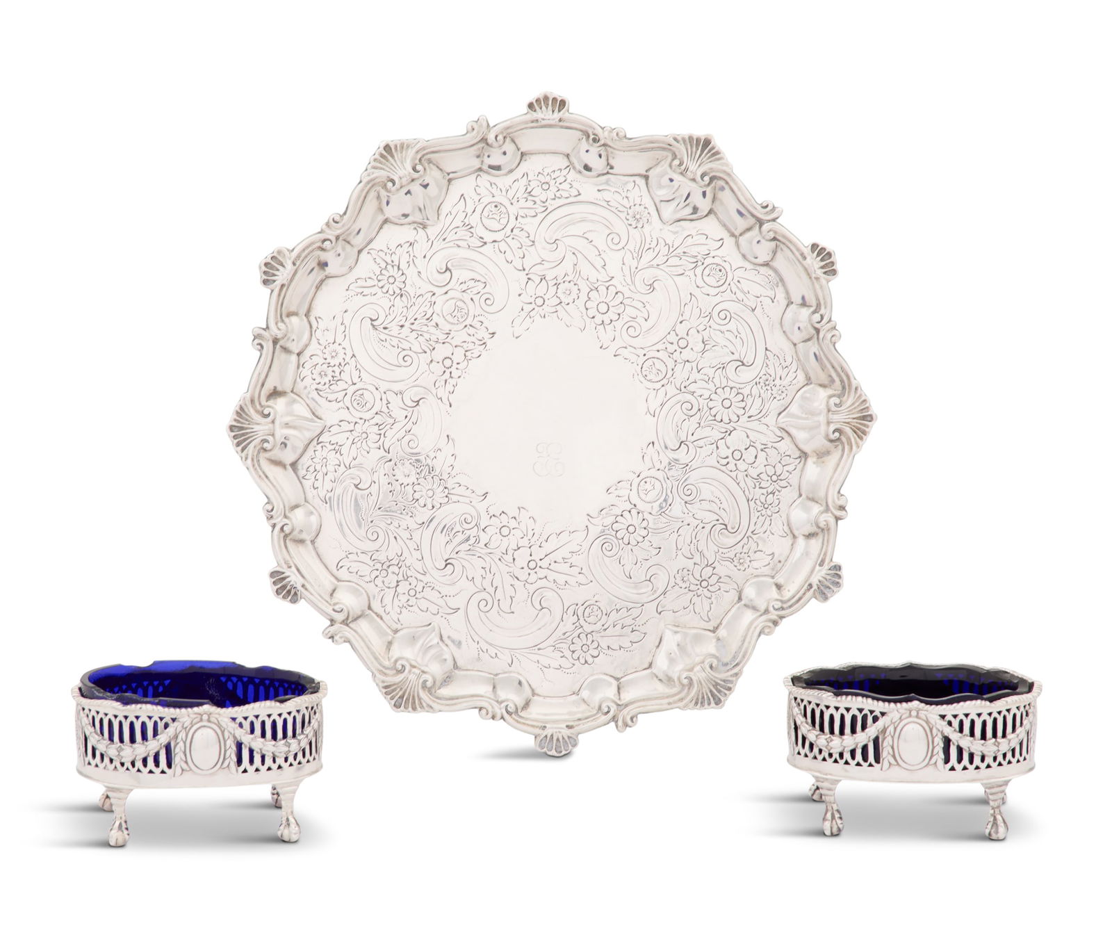 Three Pieces of English Sterling Silver Tableware: Three Pieces of English Sterling Silver Tablewareincluding:a Victorian waiter, hallmarked London, 1890-1891, by Charles Stuart Harris, of circular "Chippendale" form with shell-and-scroll rim, the pla