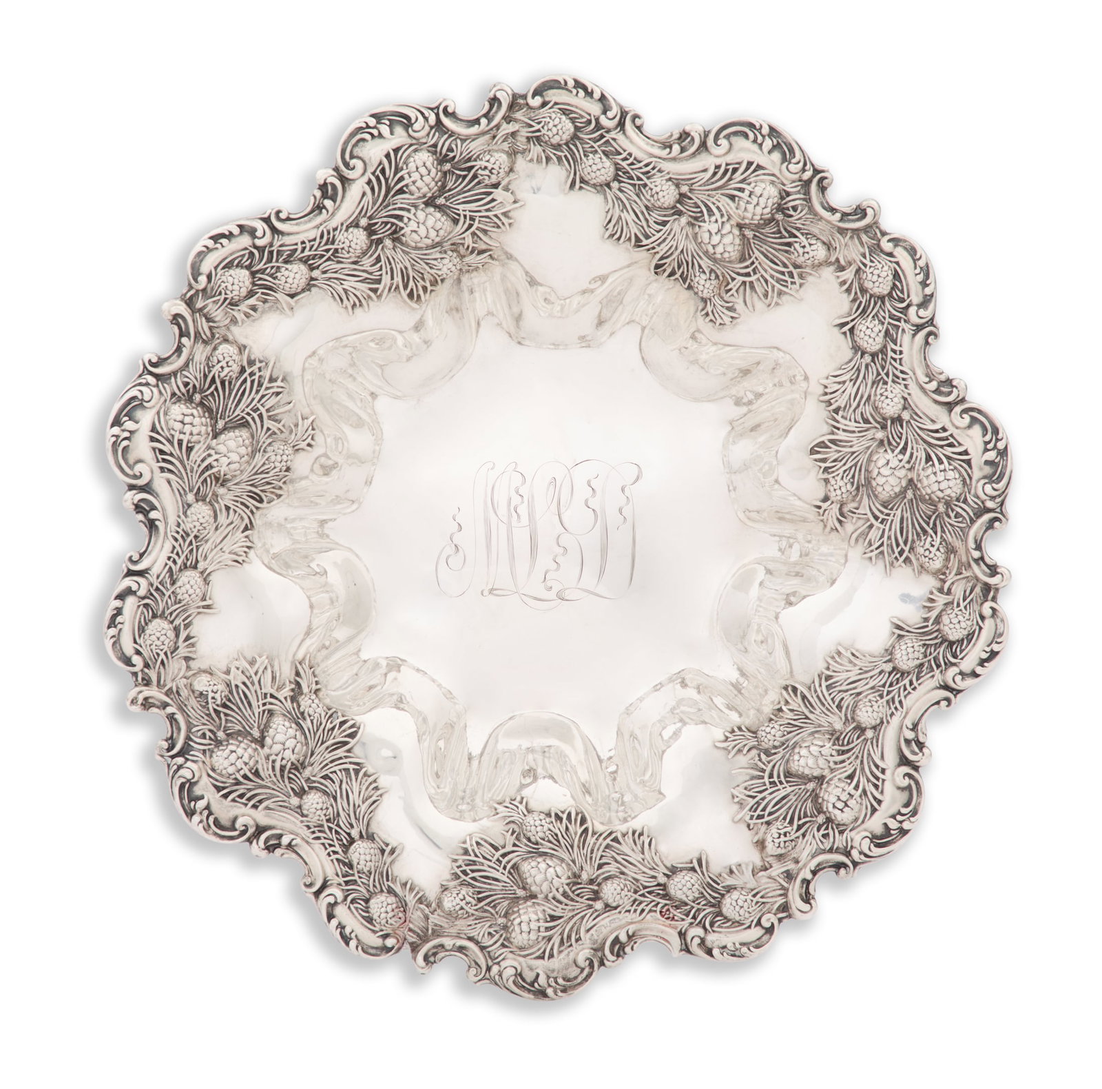 American Sterling Silver Center "Pinecone" Bowl: American Sterling Silver Center "Pinecone" Bowl first quarter 20th century, by Redlich & Co., New York, New York, retailed by Hardy & Hayes, Pittsburgh, Pennsylvania, of shaped circular form, with lob