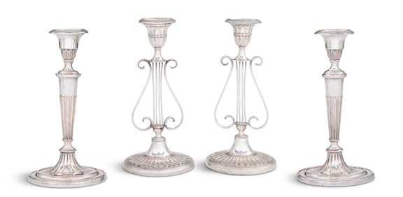 Two Pairs of English Silverplate Candlesticks