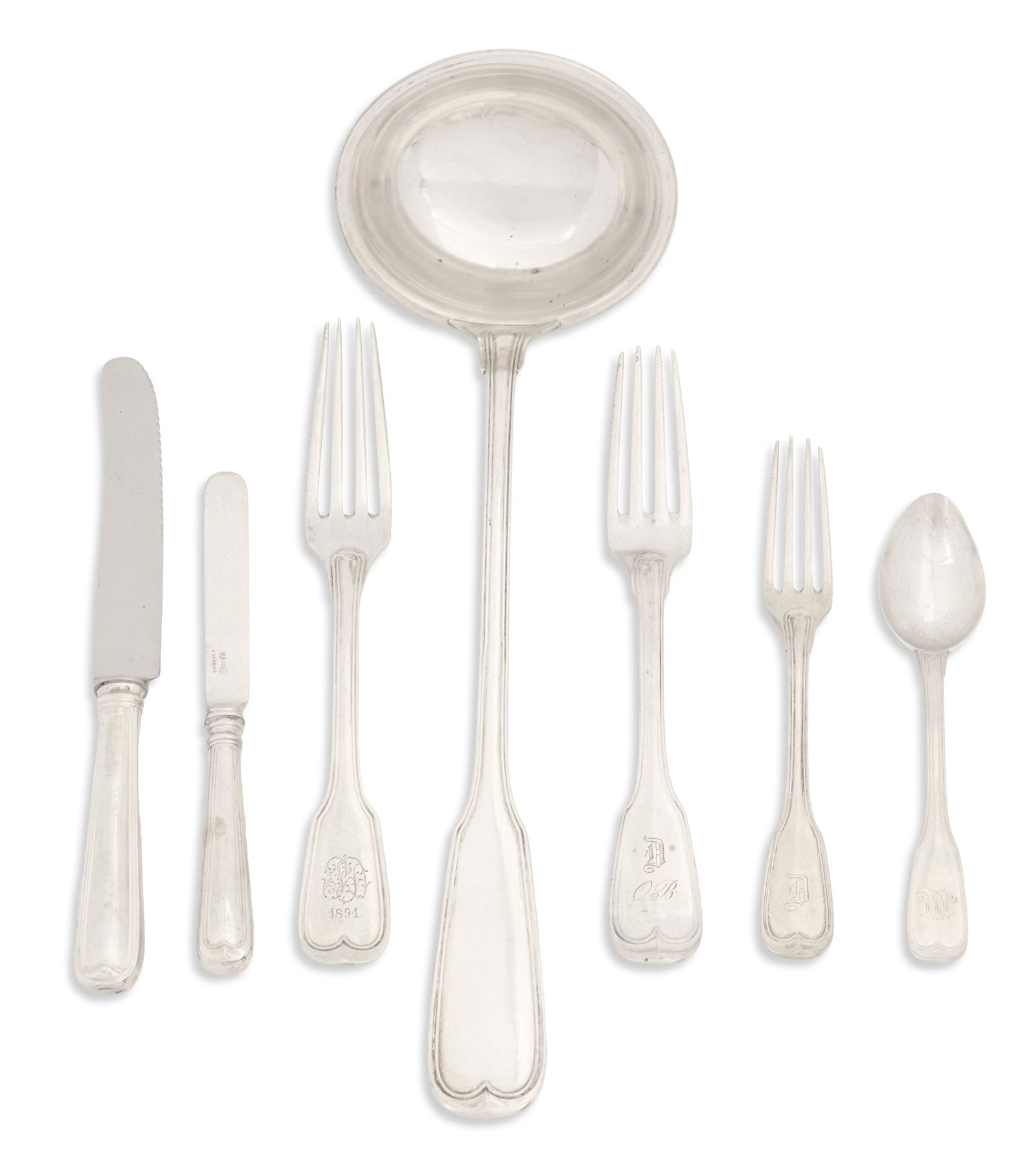 German "Fiddle Thread" Silver Flatware: German "Fiddle Thread" Silver Flatware.750/.800 silver, including:a Vereinigte Silberwarenfabriken ladle, removed monogram, l. 12-5/8";a Koch & Bergfeld dessert fork, monogrammed "D", l. 6-1/2";a Bruc