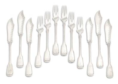 German "Fiddle Thread" Silver Fish Service
