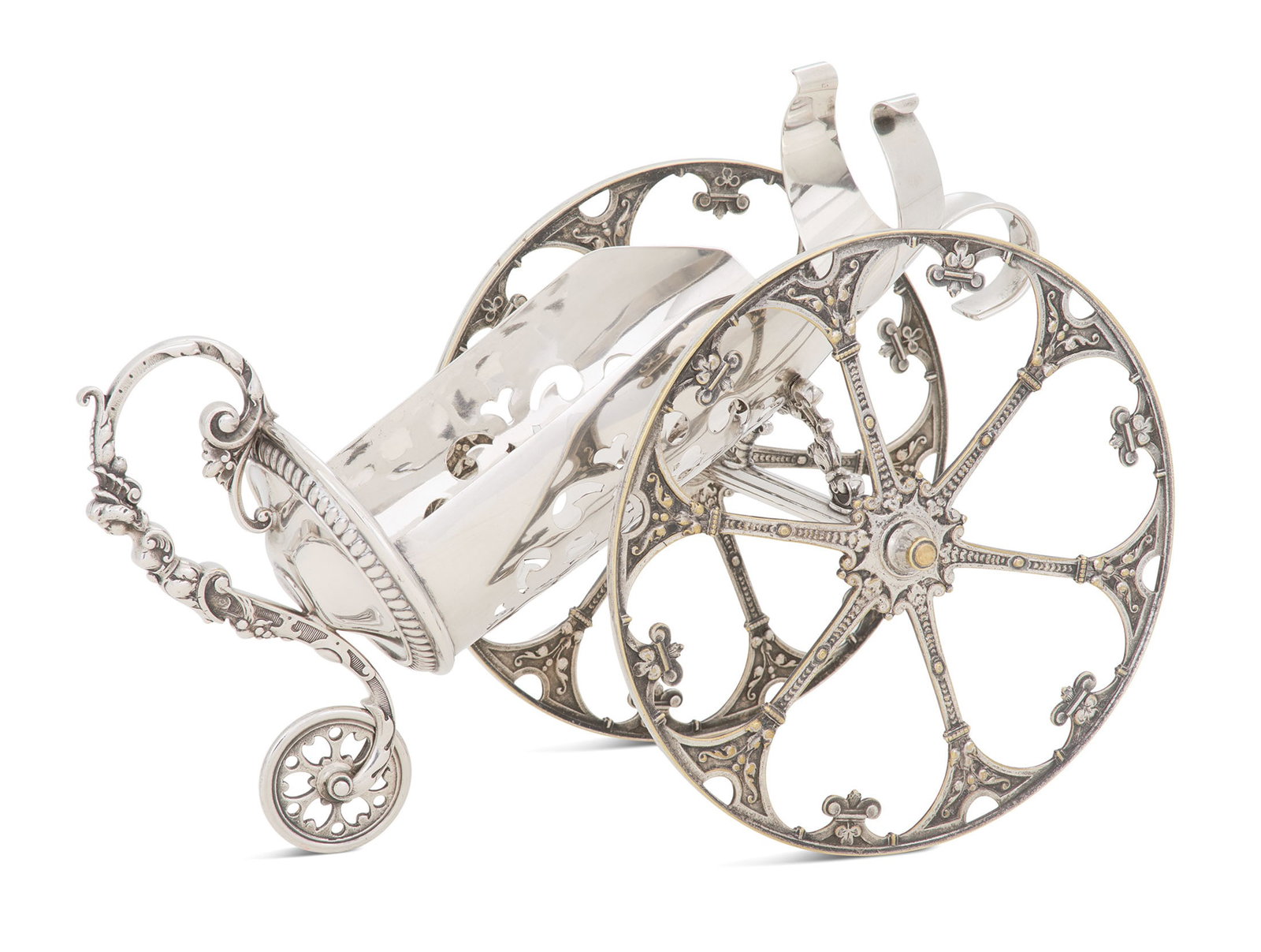 WMF Silverplate Wine Carriage: WMF Silverplate Wine Carriage first quarter 20th century, Wurttemberg, Germany, the openwork bottle holder fitted into a carriage with two large and one small working spoked wheels, with a scrolling a