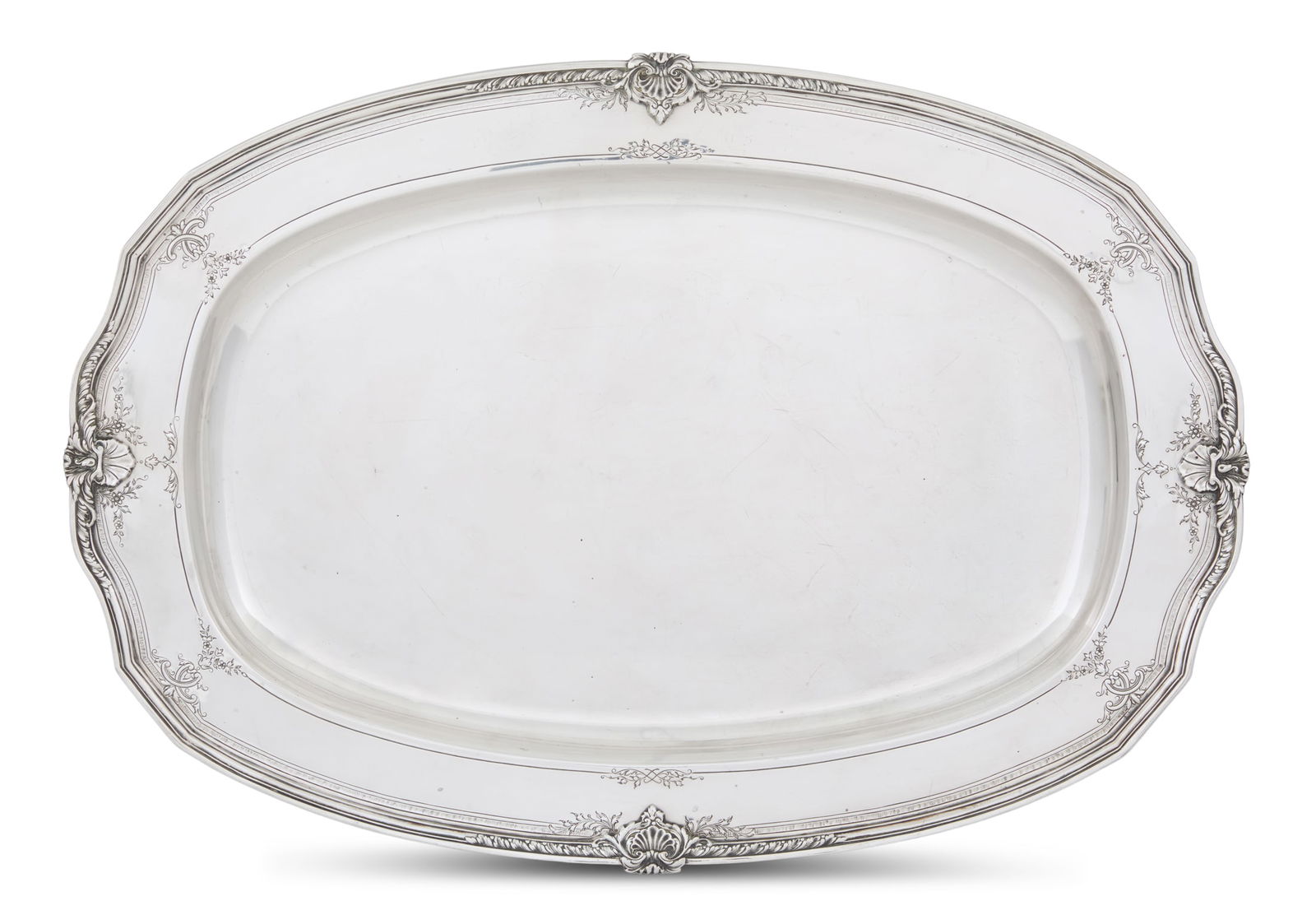 Reed & Barton "Heritage" Sterling Serving Tray: Reed & Barton "Heritage" Sterling Silver Serving Traymid-20th century, Taunton, Massachusetts, after a 1924 flatware design by George Logan Turner (1874-1951).21" x 14-1/2"; 56.66 total t. oz. Provena