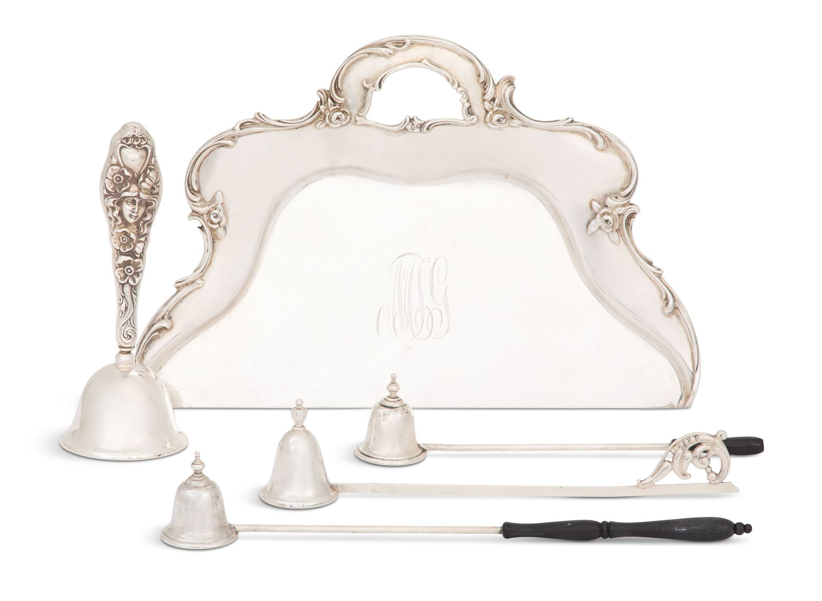 Five Sterling Silver Dining Table Accessories: Five American Sterling Silver Dining Table Accessorieslate 19th to mid-20th century, including:a Gorham crumb pan, 1897, sample number 8578, monogrammed "MTG", w. 10", l. 6-1/2";an unmarked dinner bel