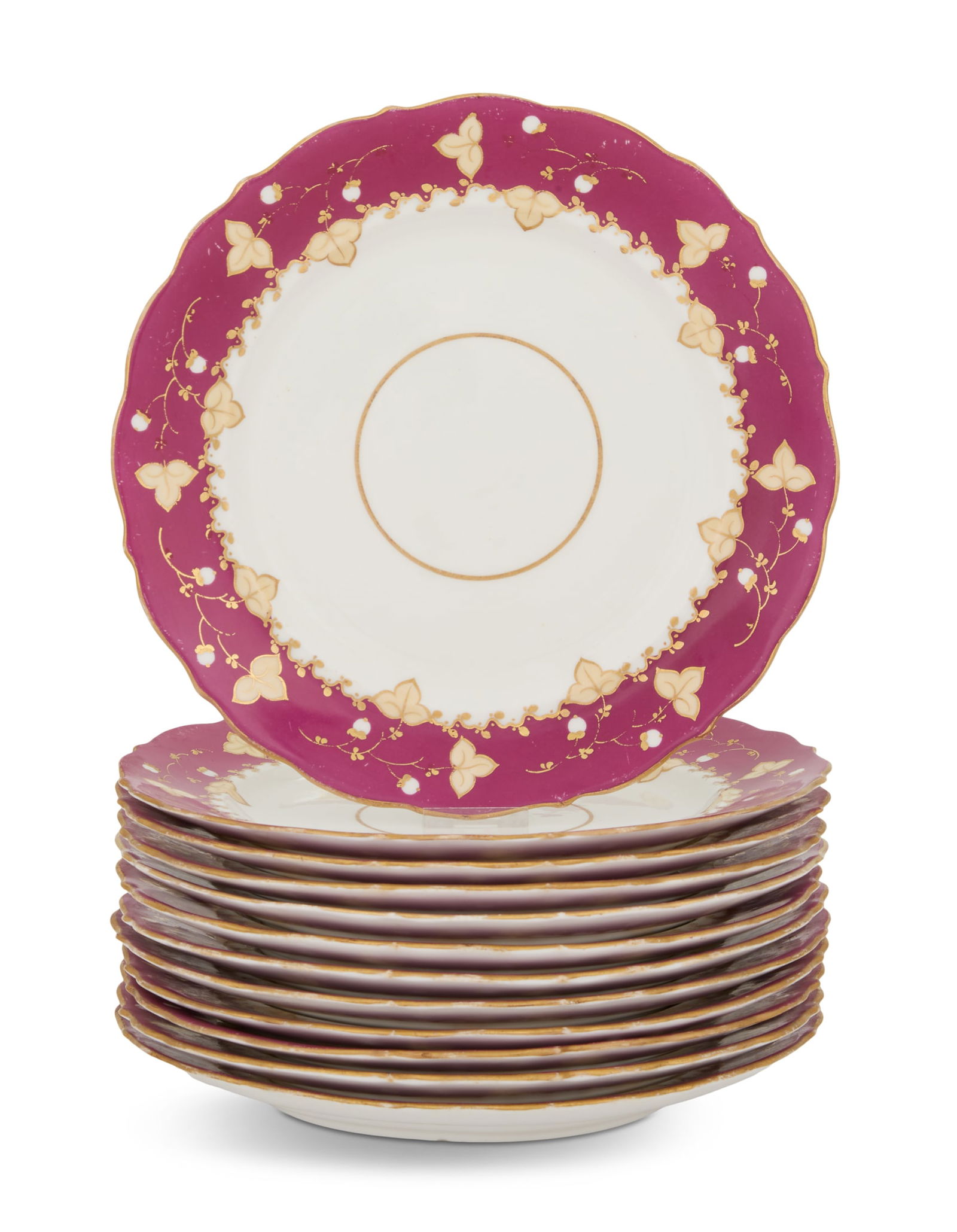 Set of Twelve English Bone China Dinner Plates: Set of Twelve English Bone China Dinner Platessecond quarter 19th century, likely Thomas Alcock, the framboise borders decorated with cream leaves, marked pattern "4/No 358".dia. 10-1/2" Provenance: T