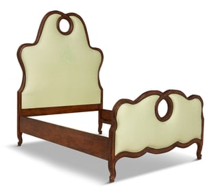 Fruitwood and Upholstered Queen Size Bedstead