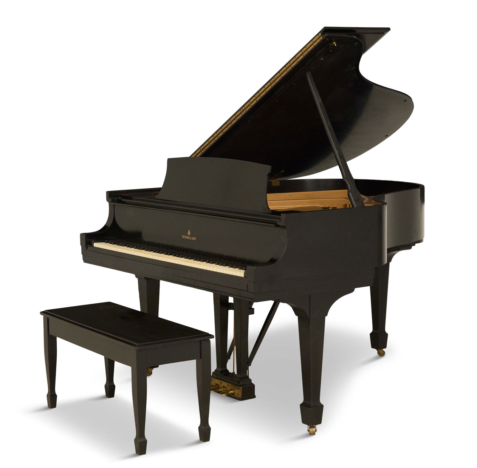 Steinway & Sons Ebonized Baby Grand Piano: Steinway & Sons Ebonized Baby Grand Piano and Benchca. 1954, model M, of traditional form with square and tapered legs ending in spade feet, bearing the serial number 345373.h. 38-1/2", w. 56", l. 66"
