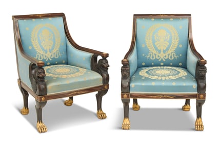 Pair of Parcel-Gilt and Faux Rosewood Bergeres