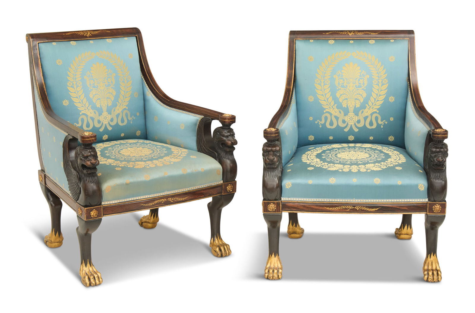 Pair of Parcel-Gilt and Faux Rosewood Bergeres