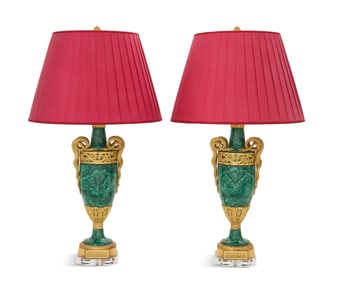 Pair of Bronze-Mounted Malachite Lamps