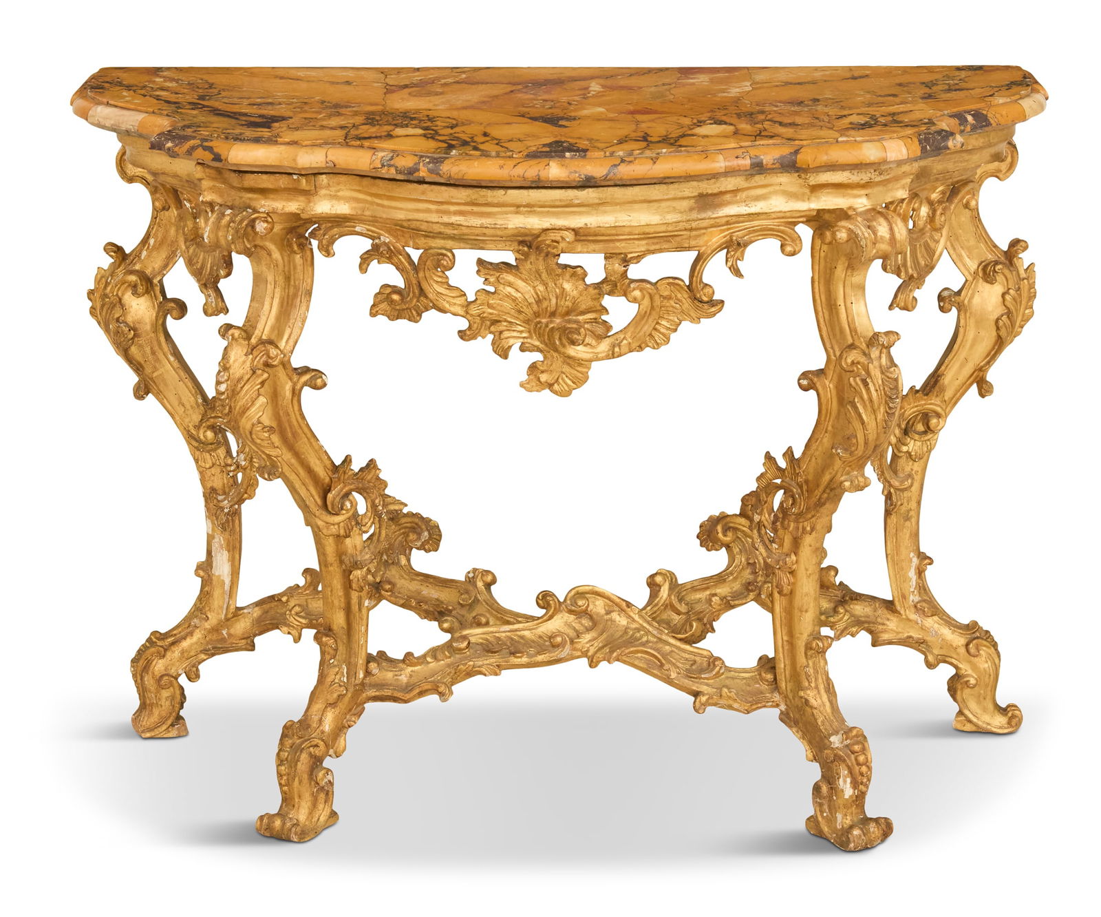 Italian Giltwood and Marble-Top Console Table: Italian Giltwood and Marble-Top Console Table18th century, the bowed and shaped marble top with a molded edge, above a conforming frieze with a central pendant pierced foliate design, raised on molded