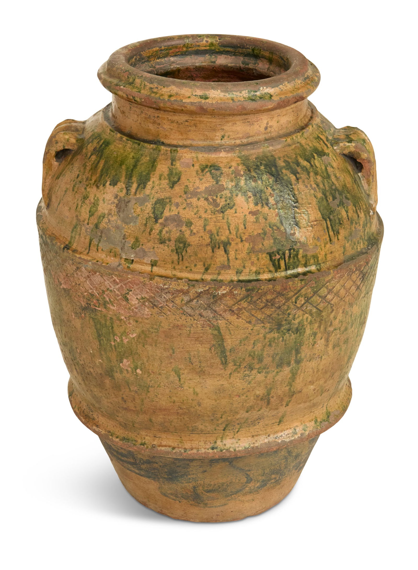 Large Terracotta Amphora: Large Terracotta Amphora20th century, the yellow and green mottled vessel with handles on each side, applied flowers around the shoulders and a border of incised decoration, the base with an opening f