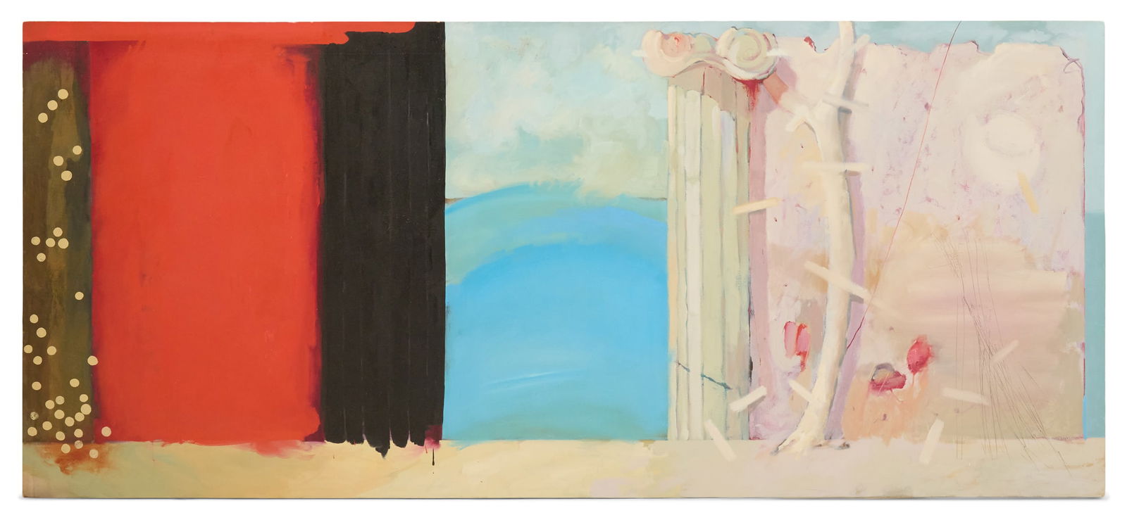 Ciel Bergman (US, 1938-2017): Ciel Bergman(American, 1938-2017)"Pacific Rim", 1982oil on gallery-wrapped canvassigned twice (as Cheryl Bowers and Ciel Bergman), dated and titled en verso.Unframed.48" x 108-1/2" Note: An accla