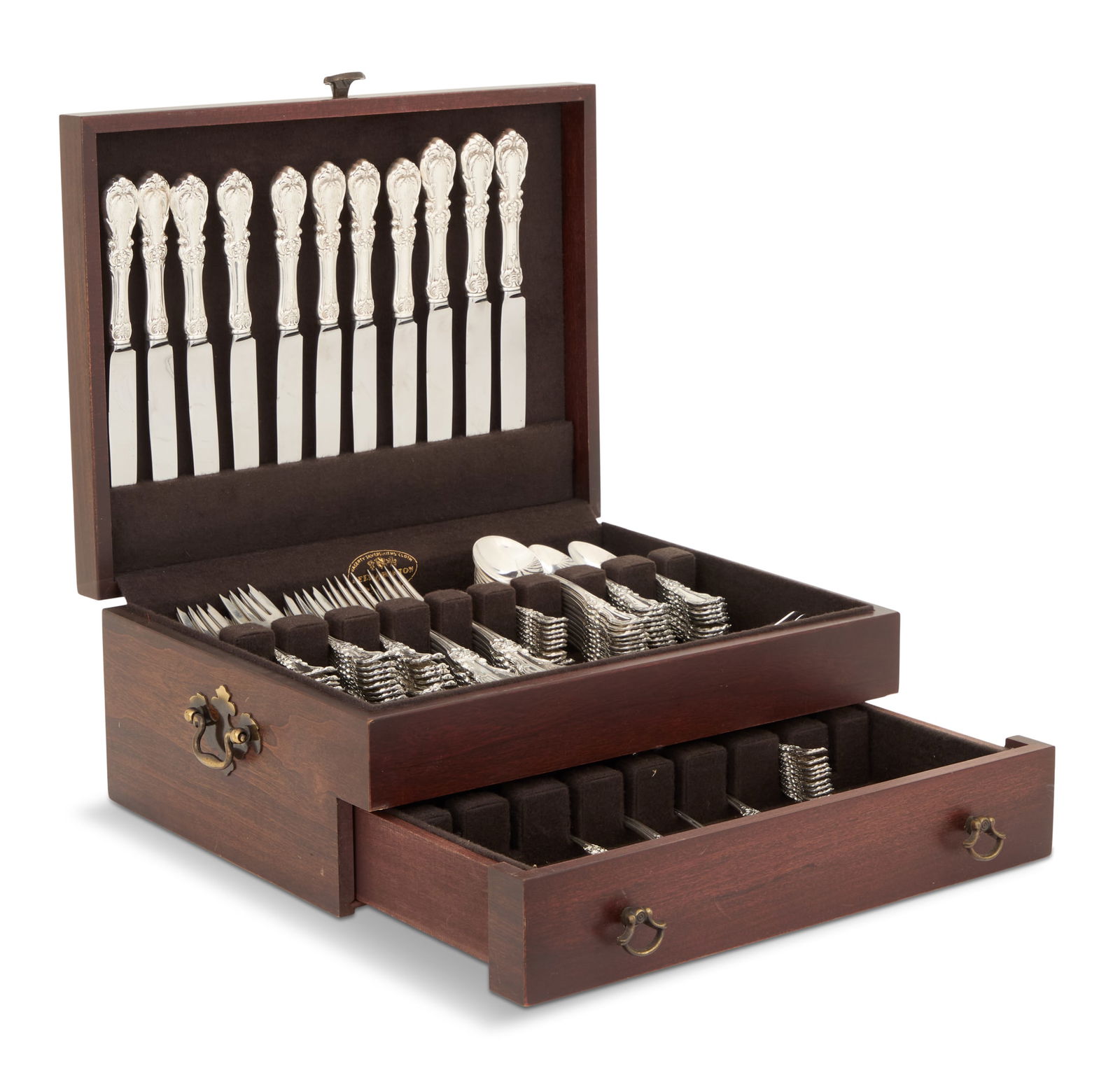 Reed & Barton "Burgundy" Sterling Flatware Set: Reed & Barton "Burgundy" Sterling Silver Flatware Setthe pattern introduced in 1949, Taunton, Massachusetts, including a dozen seven-piece place settings (three pieces lacking), with an additional for