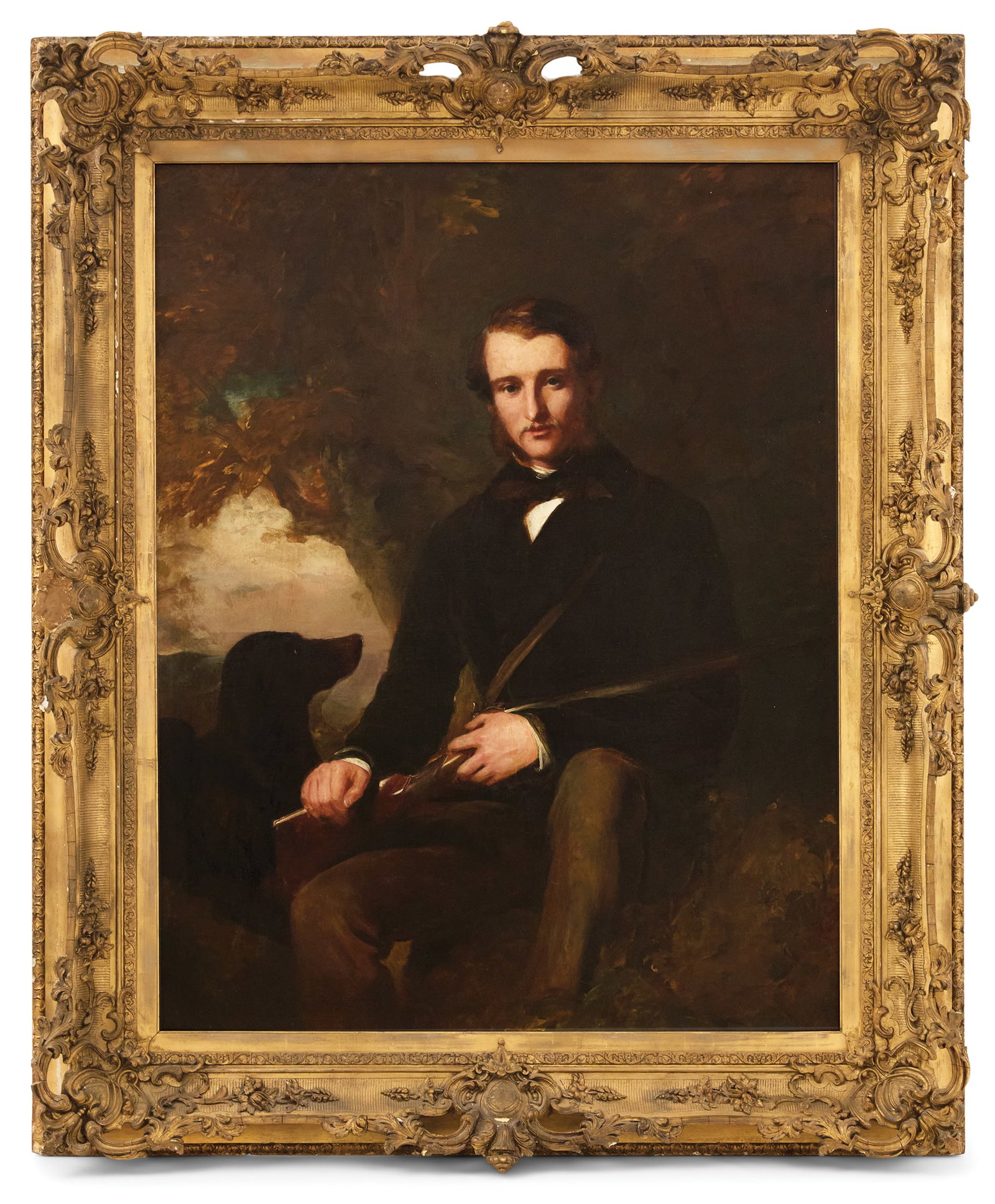 Scottish School (19th Century): Scottish School19th Century"Portrait of a Gentleman with a Rifle and Faithful Companion"oil on canvasunsigned.In an attractive antique gessoed and giltwood frame.56" x 44", framed 64" x 53" Prove