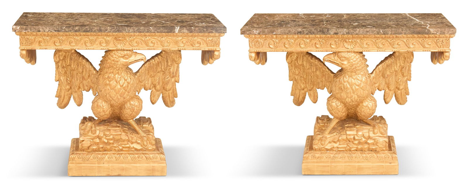 Pair of Giltwood and Marble-Top Side Tables: Pair of Georgian-Style Giltwood and Marble-Top Console Tablesin the manner of William Kent, each with a rectangular marble top above a wave- and shell-carved frieze, raised on a winged eagle on a crag