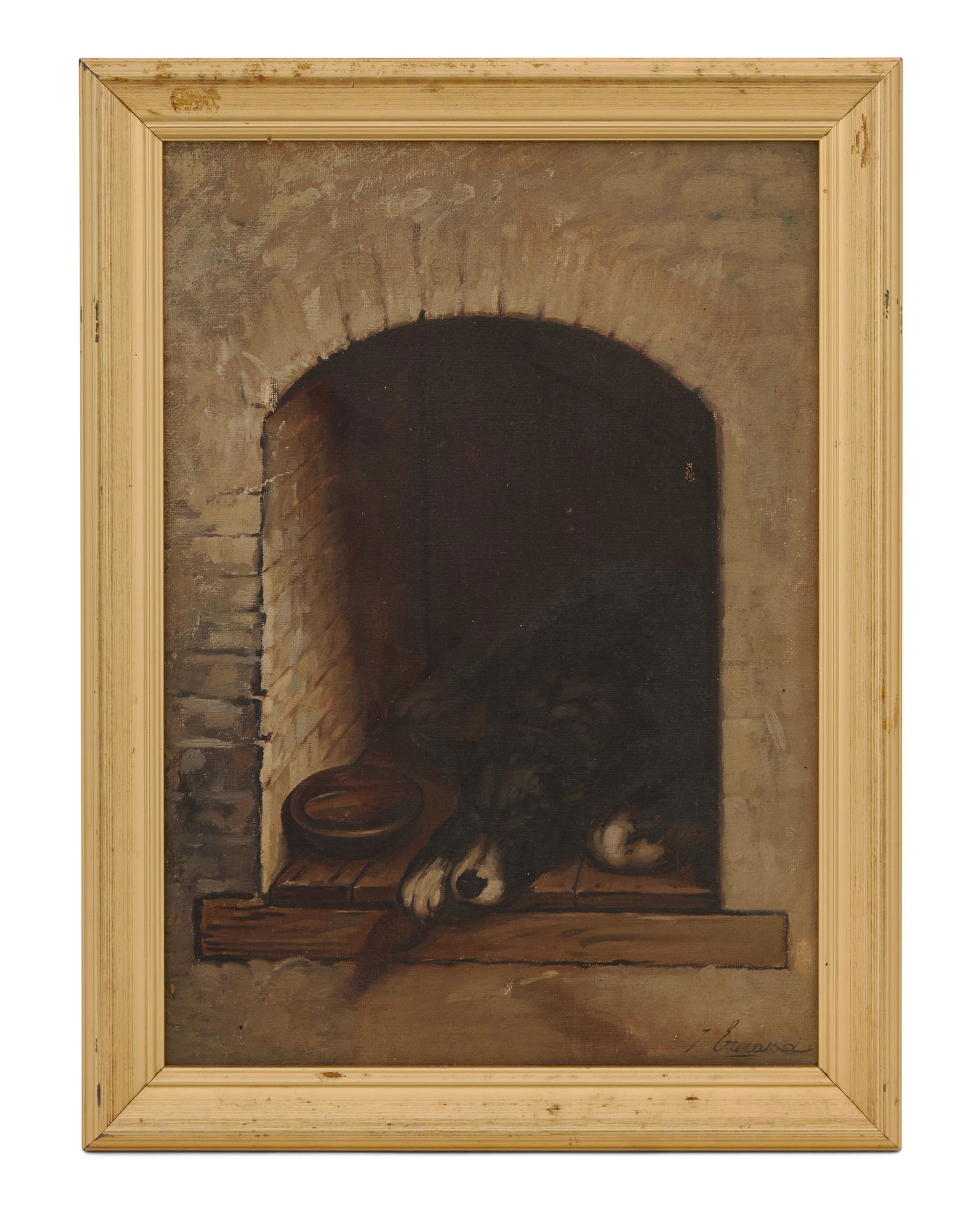Continental School (Late 19th Century): Continental SchoolLate 19th Century"Taking a Nap"oil on canvasillegibly signed "J. Gerard"(?) lower right.Framed.14" x 10", framed 16" x 12" Provenance: Kevin Stone Antiques, The Collection of Ke