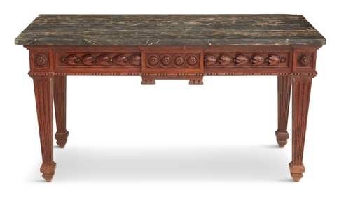 Louis XVI-Style Oak and Marble-Top Side Table