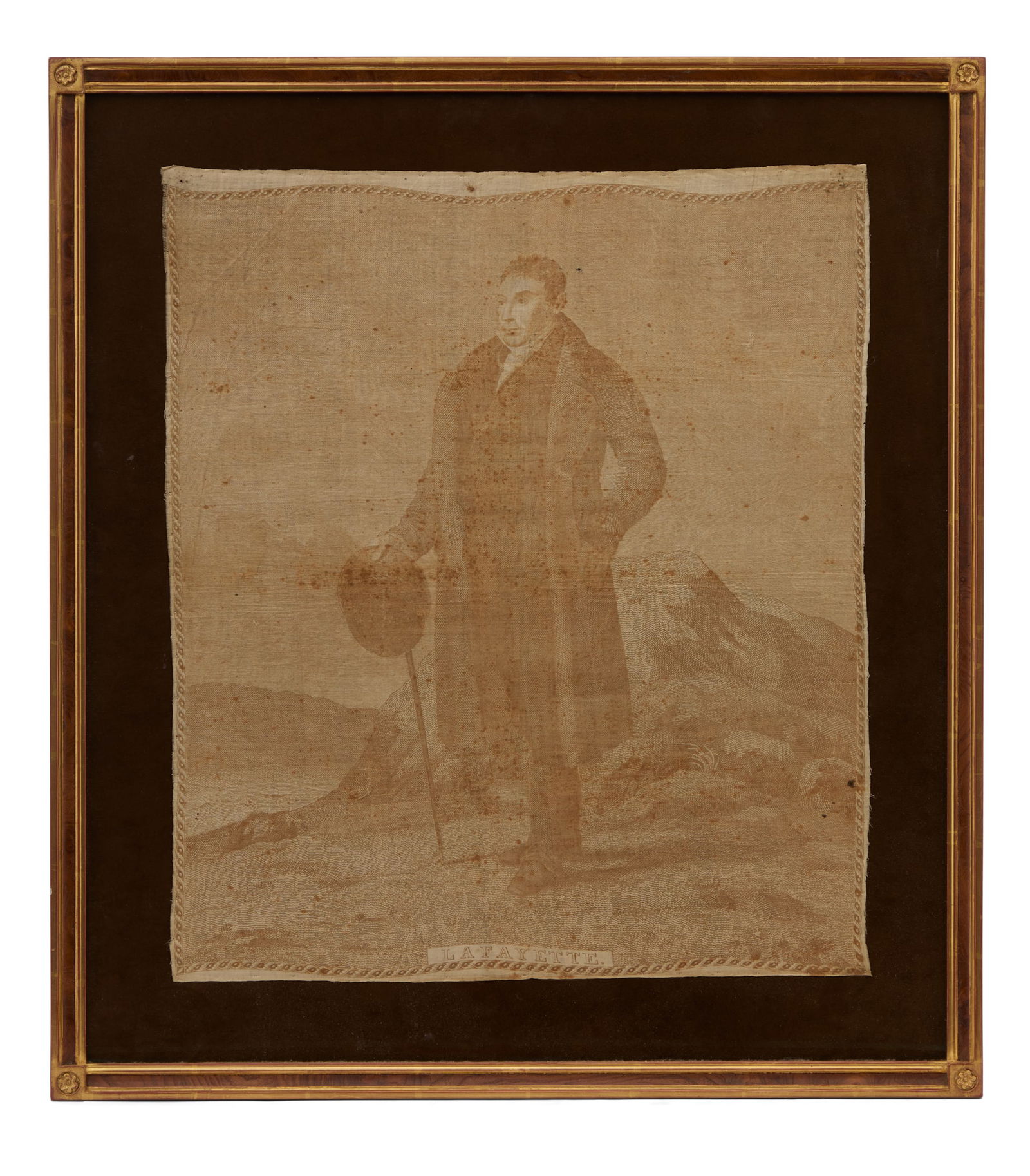 "Marquis de Lafayette", after Ary Scheffer: "Marquis de Lafayette (1757-1834)", after Ary Scheffer (1795-1858)linen with copperplate engraving printed in sepiaGlazed and framed.21-1/2" x 18-1/2", framed 27-3/4" x 24-1/2" Note: The 1822 portrait