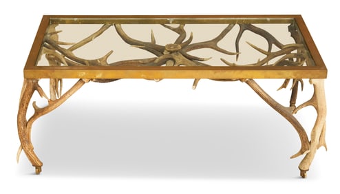 Glass, Brass and Antler Cocktail Table