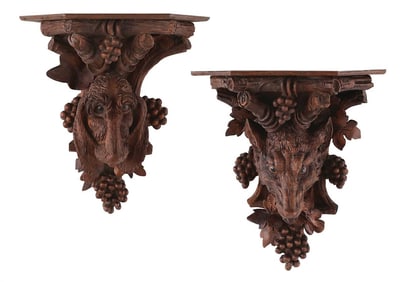 Pair of Black Forest Carved Walnut Brackets