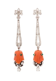 Cartier Diamond, Coral and Emerald Earrings