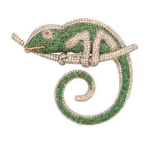 Tsavorite Garnet and Diamond Iguana Brooch