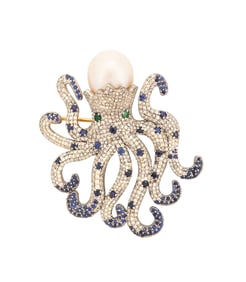 Diamond, Tsavorite Garnet and Sapphire Brooch