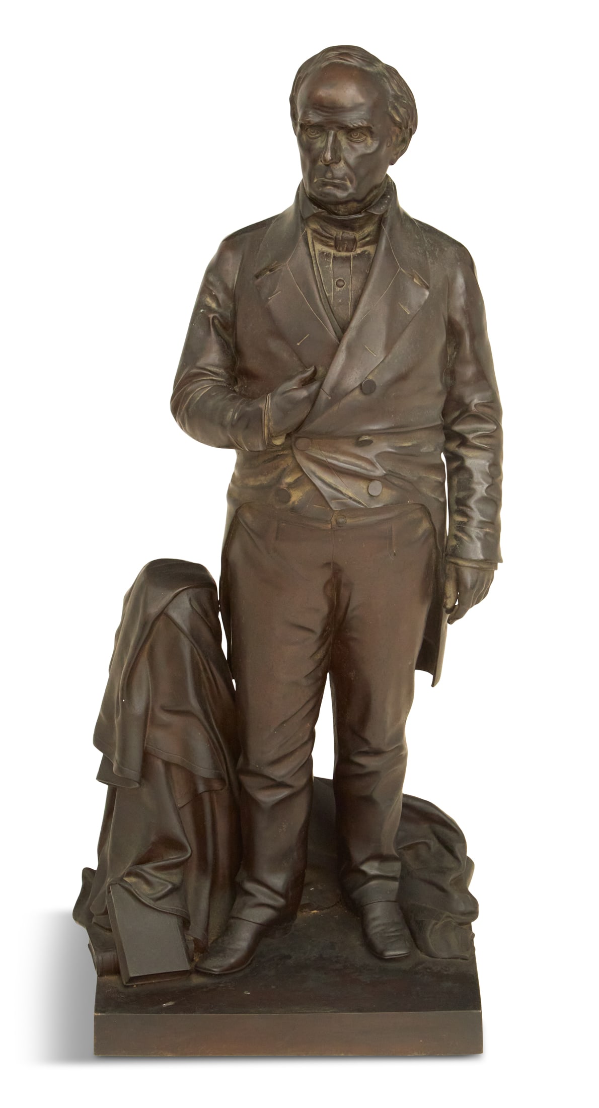 Patinated Bronze Figure of Daniel Webster: Patinated Bronze Figure of Daniel Websterca. 1853, after Thomas Ball (American, 1819-1911), the statesman standing with one arm in his jacket, adjacent to a draped column, stamped "T. Ball Sculpt., Bo