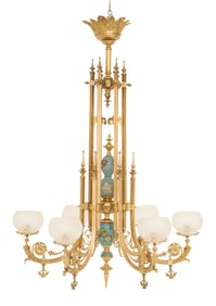 Exceptional Aesthetic Brass and Ceramic Gasolier