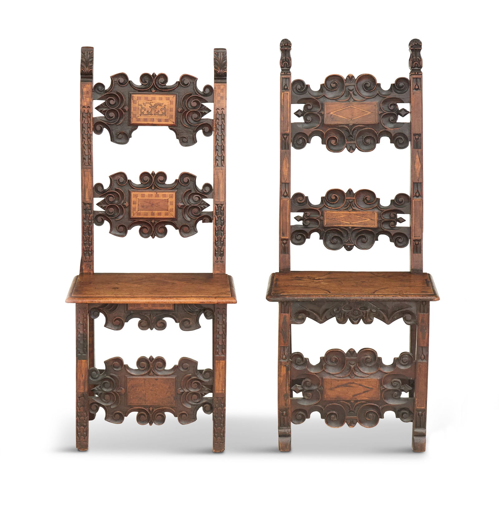 Pair of Similar Inlaid and Carved Walnut Chairs: Pair of Similar Inlaid and Carved Walnut Chairslate 17th century, Northern Italy, each with carved finials on the stiles and scroll-carved rails with parquetry inlay, the plank seats with raised edges