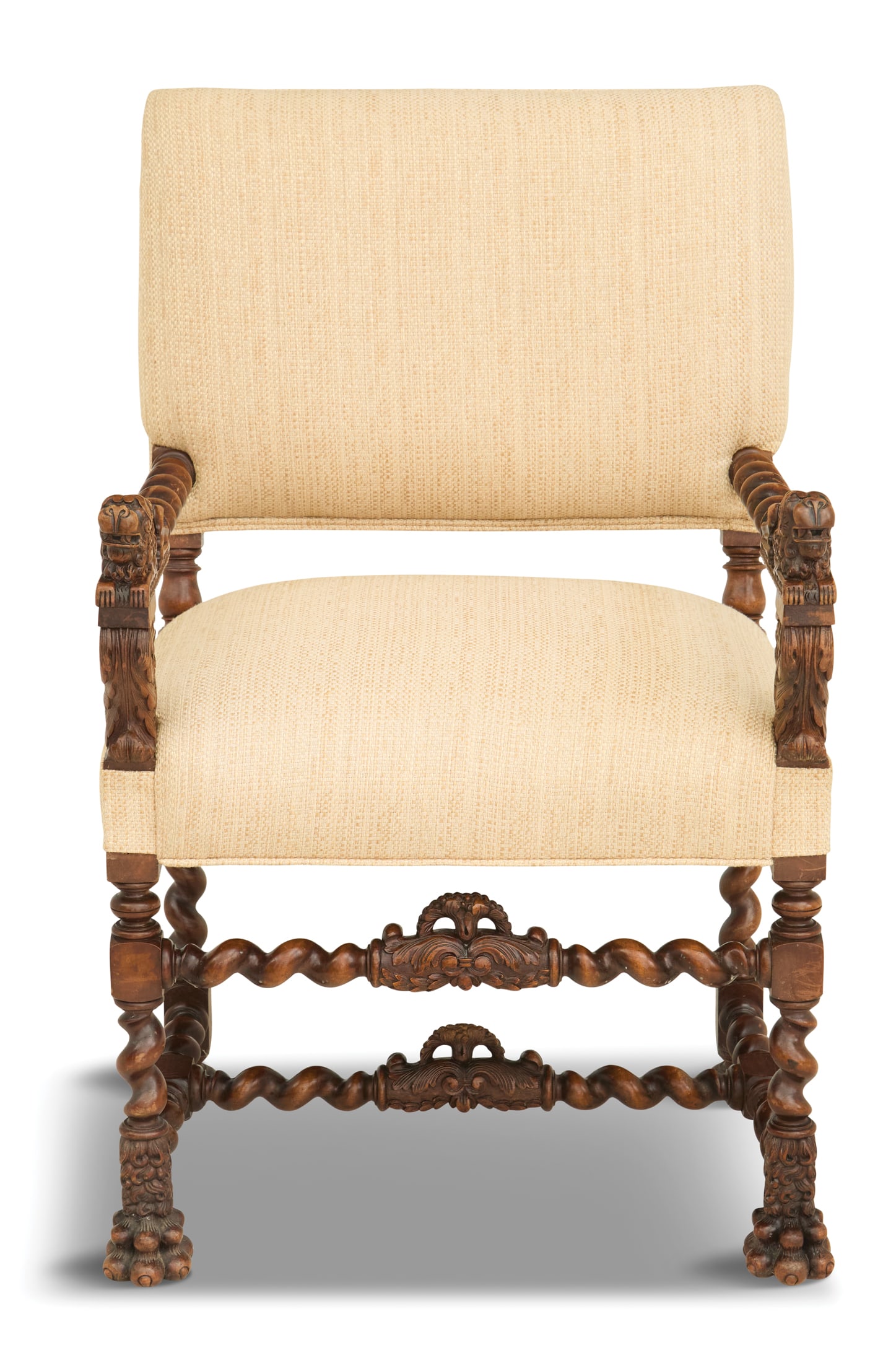 Louis XIII-Style Mahogany Armchair: Louis XIII-Style Mahogany Armchair 20th century, the upholstered seat joined to barley-twist arms terminating in leonine carvings, on like legs joined by H-form stretchers. h. 39", w. 24-1/2", d. 20-1