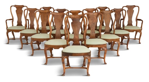 Fourteen George II Burl Walnut Dining Chairs
