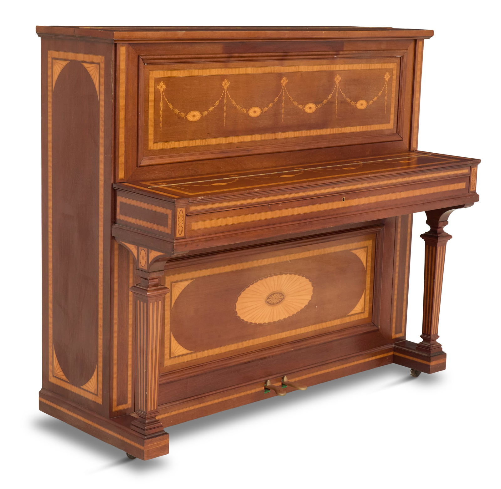 Erard Inlaid Mahogany Upright Studio Piano: Erard, Paris, Inlaid Mahogany Upright Studio Pianoearly 20th century, the front panel and key cover with graduated bellflower inlays, a fold-out music stand concealed inside the top lid.h. 49", w. 55-