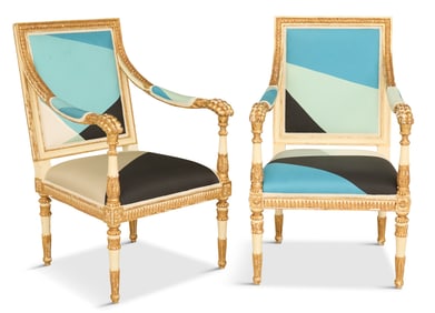 Jansen Parcel-Gilt and Polychrome Fauteuils