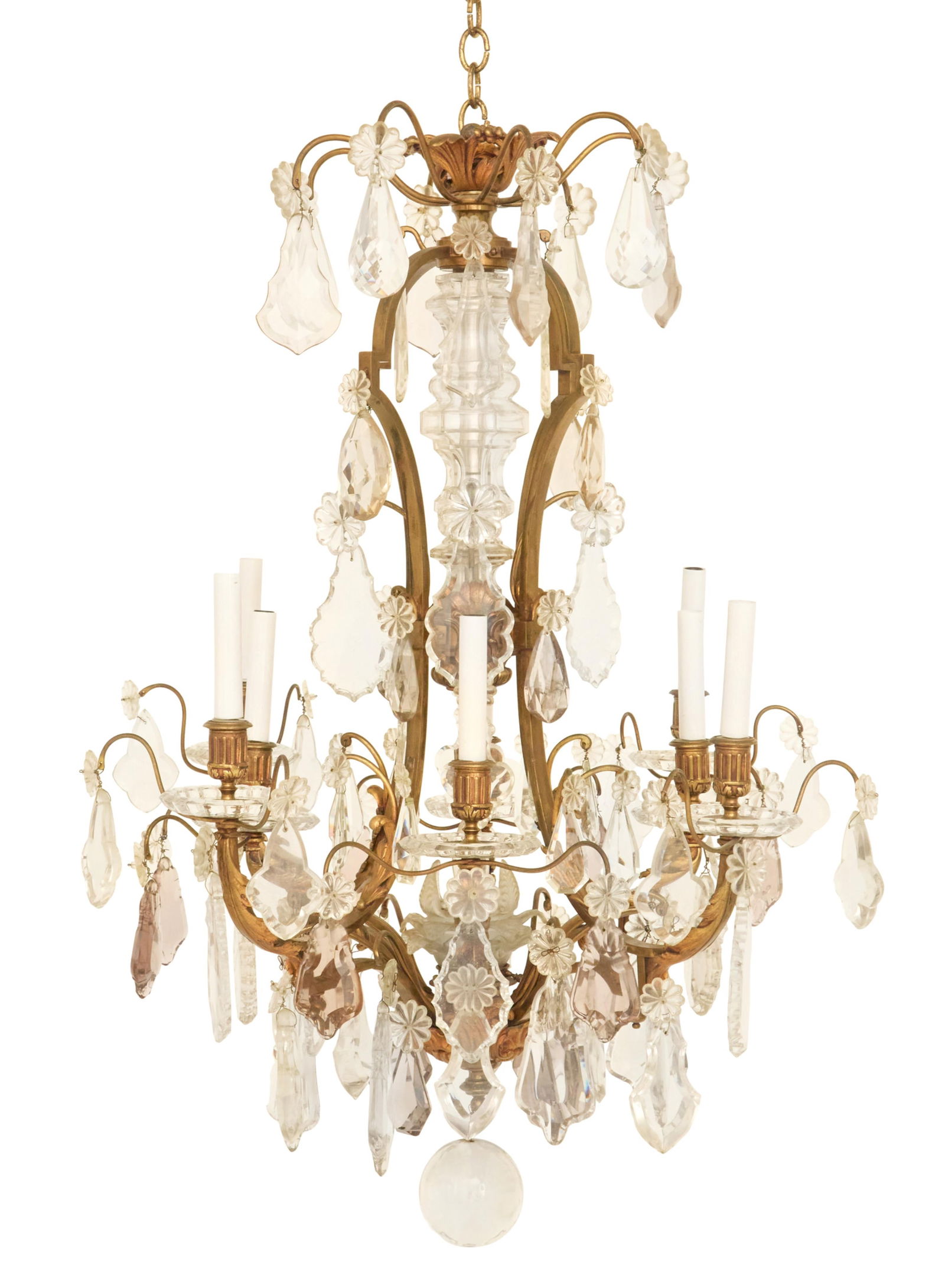 French Gilt-Bronze and Crystal Chandelier: French Gilt-Bronze and Crystal Chandelier20th century, of Louis XIV inspiration, possibly Baccarat, the nine-light chandelier with a molded crystal-clad standard with one lower light, set into a scrol