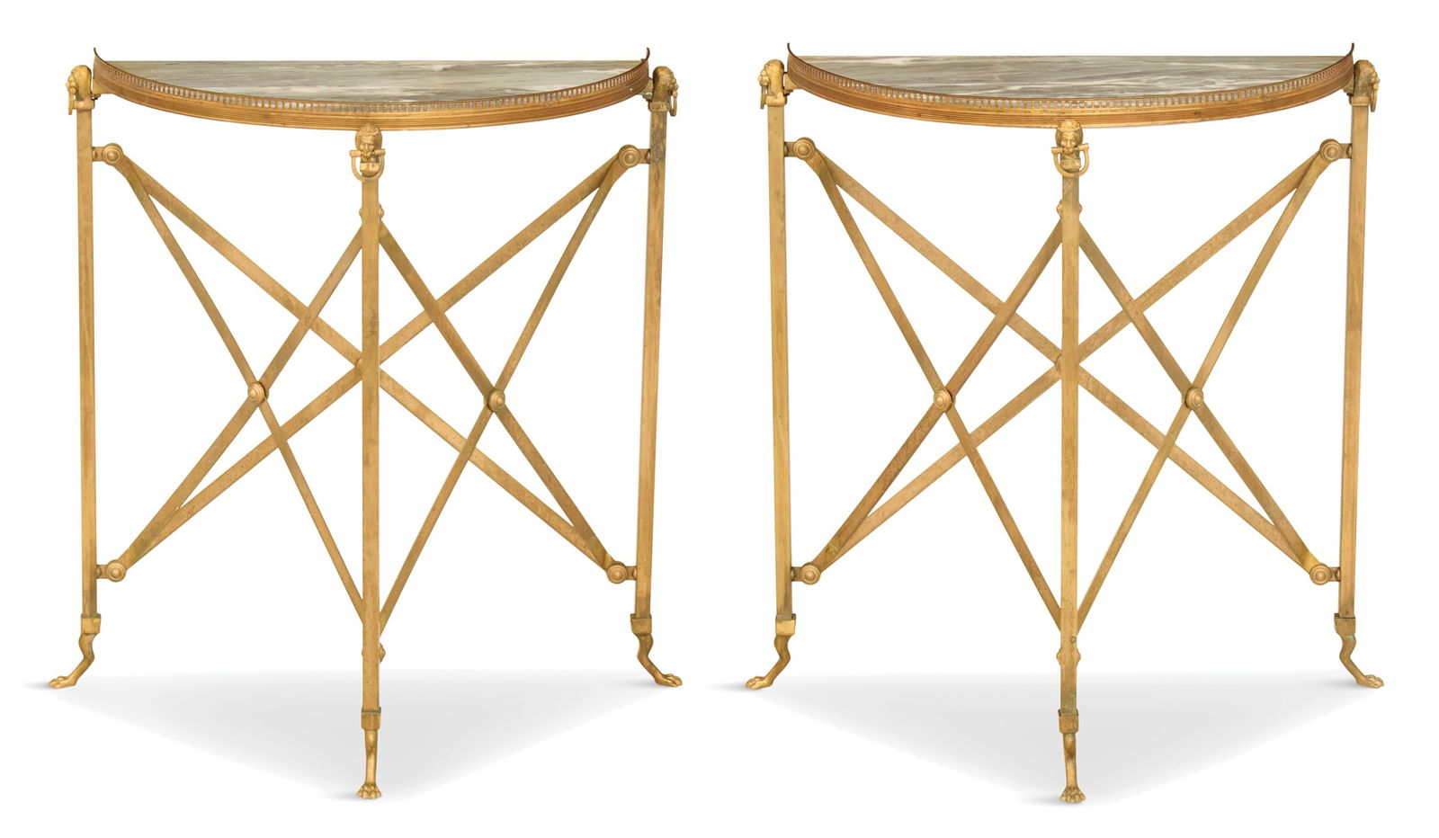 Pair of Bronze and Marble-Top Console Tables: Pair of Bronze and Marble-Top Console Tables Attributed to Maison Jansen20th century, the neoclassical-style console tables each with a D-form marble top with a pierced brass gallery and resting on a