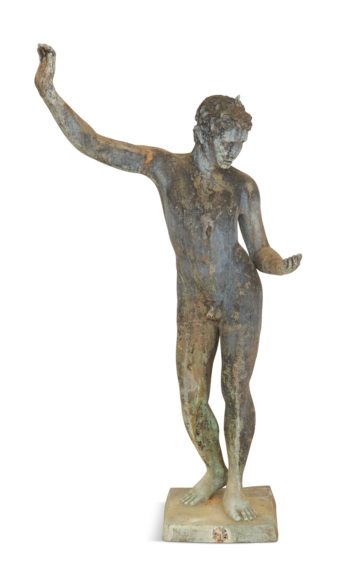 Bronze Classical Fountain of Apollo: Bronze Classical Fountain of Apollo late 19th century, the nude standing youth on a rectangular plinth, piped for water in his mid section. h. 51-3/4", w. 26", d. 14"