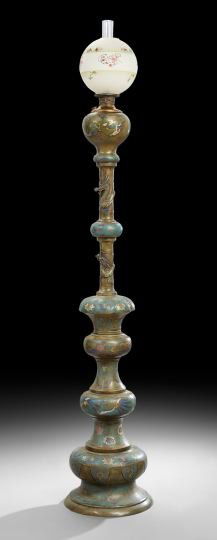 Unusual Chinese Cloisonne Floor Lamp: Unusual Chinese Cloisonne Floor Lamp, ca. 1900, the bell-shaped foot supports a turned standard ornamented with an applied cloisonne dragon with clouds, now mounted with an American kerosene oil lamp