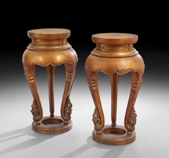 Pair of Chinese Gold-Lacquered Hardwood Stands: Pair of Chinese Gold-Lacquered Hardwood Stands, 18th century or earlier, with reverse cabriole legs with foliate-carved shins, h. 34". Provenance: The estate of Parker John Buck, Seattle, Washington.