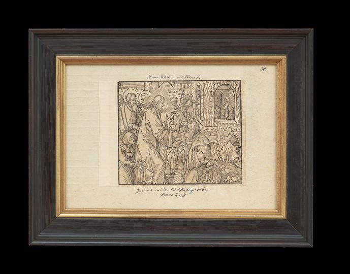 Pair of Woodblock Prints of Biblical Scenes: Pair of Woodblock Prints of Biblical Scenes, after Lucas Cranach, the Elder (German, ca. 1472-1553), each 4-3/4" x 5-3/4", with later handwritten inscriptions. Attractively glazed and framed.