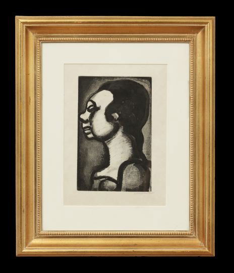 Georges Rouault (French, 1871-1958): Georges Rouault (French, 1871-1958), "Profile of a Lady", etching on Japan paper, 1937, bearing a signature lower right "Georges Rouault", sight 14-1/2" x 10-1/2". Glazed, matted and framed.